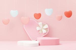 3d render minimal sweet scene with display podium for mock up and product brand presentation. Pink Pedestal stand for Valentine's Day's theme. Cute lovely heart background. Love day's design style. photo