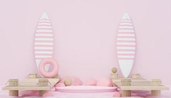 3d render minimal podium background for show and sales products. Hello Summer season scene design concept. Abstract Vacant pedestal for presentation and advertising. Beach Vacations in Summer. photo