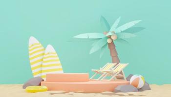 3d render minimal podium background for show and sales products. Hello Summer season scene design concept. Abstract Vacant pedestal for presentation and advertising. Beach Vacations in Summer. photo