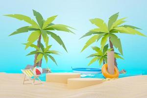 3d render Summer sale podium stand for showing product. Beach Vacations Scene in Summer for mock up. photo