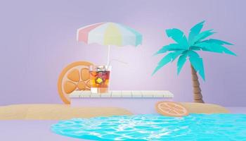 3d render Summer sale podium stand for showing product. Beach Vacations Scene in Summer for mock up. photo