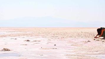 Dry out Maharlu pink salt lake close up panorama with texture and details video