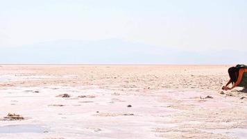 asciugare il panorama ravvicinato del lago salato rosa maharlu con texture e dettagli video