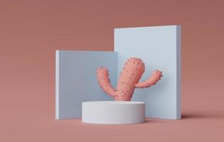 Representación 3d del podio de visualización mínimo abstracto para mostrar productos, presentación cosmética y maqueta con árboles de cactus. escena de escaparate con tonos tierra pastel y fondo de ambiente tropical. foto