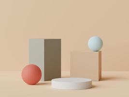 3d rendering of pastel minimal scene of white blank podium with earth tones theme. Muted saturated color. Simple geometric shapes design. photo