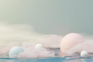 3d render of pastel ball, soaps bubbles, blobs that floating on the air with fluffy clouds and ocean. Romance land of dream scene. Natural abstract dreamy sky. photo