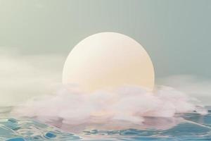 Render 3d de bola pastel, burbujas de jabón, manchas que flotan en el aire con nubes esponjosas y océano. tierra romántica de la escena de los sueños. cielo de ensueño abstracto natural. foto