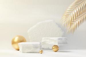 3d render of rock podium display with Tropical nature scene. Product and promotion concept for advertising. Abstract Stone pedestal for presentation objects. photo