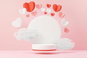 Representación 3D de escena dulce mínima con podio de visualización para maquetas y presentación de marca de producto. soporte de pedestal rosa para el tema del día de san valentín. lindo fondo de corazón encantador. estilo de diseño del día del amor. foto