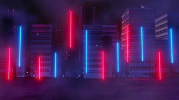 3d render of Cyber punk night city landscape concept. Light glowing on dark scene.  Night life. Technology network for 5g. Beyond generation and futuristic of Sci-Fi Capital city and building scene. photo