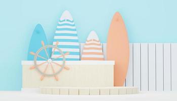 3d render minimal podium background for show and sales products. Hello Summer season scene design concept. Abstract Vacant pedestal for presentation and advertising. Beach Vacations in Summer. photo