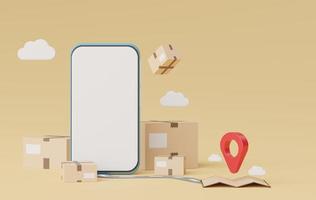 3d render mobile phone with brown cardboard boxes parcel and location map pin for mock up and creative design. Shopping online concept. Express transportation service for web banner design photo