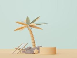 Representación 3d del podio de visualización mínimo abstracto para mostrar productos o presentación cosmética con escena de playa de verano. Hora de verano. foto