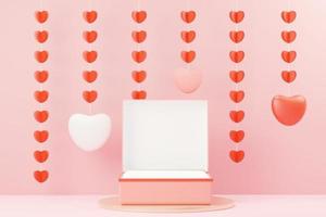 3d render minimal sweet scene with display podium for mock up and product brand presentation. Pink Pedestal stand for Valentine's Day's theme. Cute lovely heart background. Love day's design style. photo