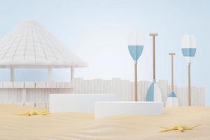 3d render Summer sale podium stand for showing product. Beach Vacations Scene in Summer for mock up. photo