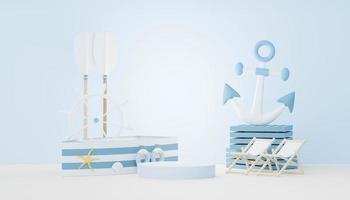 3d render Summer sale podium stand for showing product. Beach Vacations Scene in Summer for mock up. photo