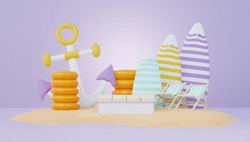 3d render Summer sale podium stand for showing product. Beach Vacations Scene in Summer for mock up. photo