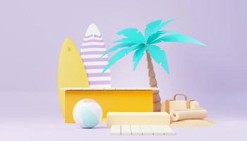 3d render soporte de podio de venta de verano para mostrar el producto. escena de vacaciones en la playa en verano para maquetas. foto