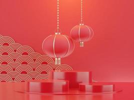 3d rendering of minimal scene of blank podium with Chinese lunar new year theme. Display stand for product presentation mock up. Chinese traditional texture. photo