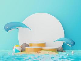 3d render of Abstract minimal  display podium for showing products or cosmetic presentation with summer beach scene. Summer time. photo