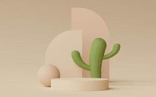 Representación 3d del podio de visualización mínimo abstracto para mostrar productos, presentación cosmética y maqueta con árboles de cactus. escena de escaparate con tonos tierra pastel y fondo de ambiente tropical. foto