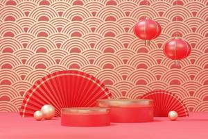 3d rendering of minimal scene of blank podium with Chinese lunar new year theme. Display stand for product presentation mock up. Chinese traditional texture. photo