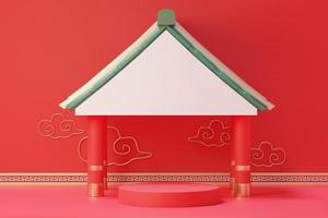 3d rendering of minimal scene of blank podium with Chinese lunar new year theme. Display stand for product presentation mock up. Chinese traditional texture. photo