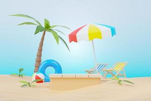 3d render soporte de podio de venta de verano para mostrar el producto. escena de vacaciones en la playa en verano para maquetas. foto