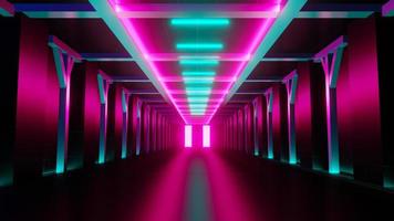 3d render of flash neon and light glowing on dark scene. Speed light moving lines. photo