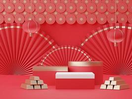 3d rendering of minimal scene of blank podium with Chinese lunar new year theme. Display stand for product presentation mock up. Chinese traditional texture. photo