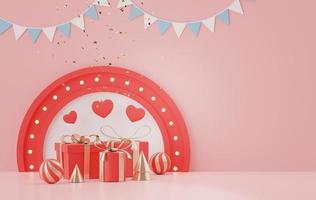 3d rendering of minimal scene of blank space with Valentine's Day theme. Display stage for product presentation mock up. Stand in sweet lovely pink color with lovely gifts box. photo