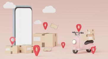 3d render Minimal mini mobile phone or smartphone for work with white copy space for mock up and creative design. Online mini Scooter parcel delivery on pastel background. photo