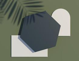 3d render top view of black hexagon frame for mock up and display products with shadows of palm leaves and earth tone background. Creative idea concept. photo