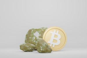 3d render of bitcoin and rock in mining concept. Minimal pastel scene. Growth financial model. Defi crypto concept. Investment management photo