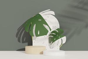 3d render of abstract pedestal podium display with terrazzo and Monstera leaves. Product and promotion concept for advertising. Green natural background. photo