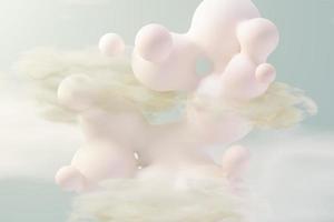 Render 3d de bola pastel, burbujas de jabón, manchas que flotan en el aire con nubes esponjosas y océano. tierra romántica de la escena de los sueños. cielo de ensueño abstracto natural. foto