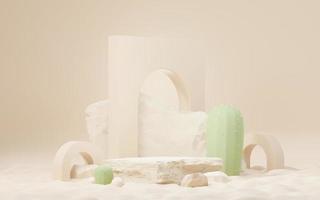 3d Mock up Brown cream podium with Cactus and Sands desert mini theme. Pedestal stage for product and cosmetic presentation. Abstract colorful scene for advertising. Sale promotion background. photo