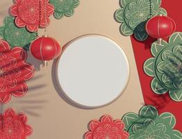 3d render top view of white blank cylinder frame for mock up and display products with Chinese traditional background. photo