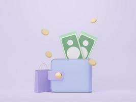 3d render Minimal wallet that around with floating gold coins . Money concepts financial planning. Online shopping. Wealth management franchises. photo