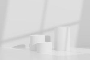 Podio blanco de fondo abstracto 3d para presentación de productos y publicidad de marca con sombra de ventanas y techo. escena vacía para maqueta. foto