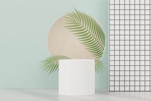 3d render of abstract pedestal podium display with Tropical Monstera leaves. Product and promotion concept for advertising. Green natural background. photo