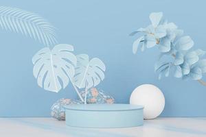 Representación 3d de la pantalla de podio de pedestal abstracto con hojas tropicales y escena de planta azul pastel. concepto de producto y promoción para publicidad. fondo natural azul pastel. foto