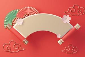 3d render top view of white blank cylinder frame for mock up and display products with Chinese traditional background.