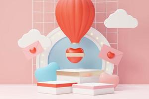 3d render minimal sweet scene with display podium for mock up and product brand presentation. Pink Pedestal stand for Valentine's Day's theme. Cute lovely heart background. Love day's design style. photo