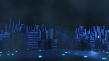 3d render of Cyber punk night city landscape concept. Light glowing on dark scene.  Night life. Technology network for 5g. Beyond generation and futuristic of Sci-Fi Capital city and building scene. photo