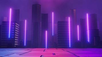 3d render of Cyber punk night city landscape concept. Light glowing on dark scene.  Night life. Technology network for 5g. Beyond generation and futuristic of Sci-Fi Capital city and building scene. photo