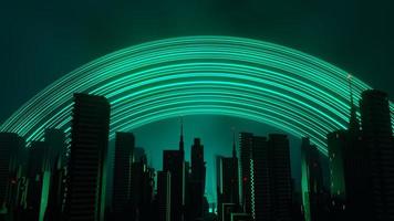 3d render of Cyber punk night city landscape concept. Light glowing on dark scene. Night life. Technology network for 5g. Beyond generation and futuristic of Sci-Fi Capital city and building scene. photo