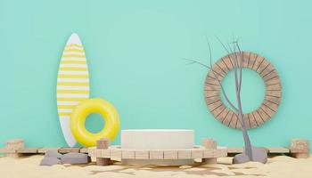 3d render minimal podium background for show and sales products. Hello Summer season scene design concept. Abstract Vacant pedestal for presentation and advertising. Beach Vacations in Summer. photo