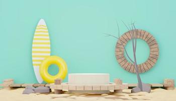 3d render minimal podium background for show and sales products. Hello Summer season scene design concept. Abstract Vacant pedestal for presentation and advertising. Beach Vacations in Summer. photo