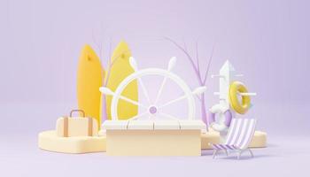 3d render Summer sale podium stand for showing product. Beach Vacations Scene in Summer for mock up. photo